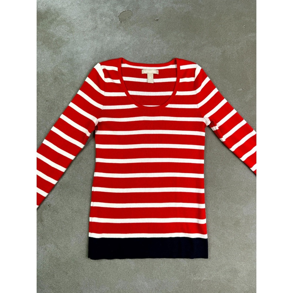 Banana Republic Sweater Womens Medium Red White Striped Silk Blend Scoop Neck